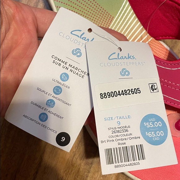 Clarks women’s 9 sandals flip flop cloudsteppers pink Velcro comfort NWT - Picture 4 of 5